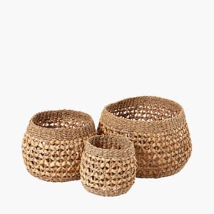 WOVEN NATURAL SEAGRASS AND WATER HYACHINT BASKET S/3
