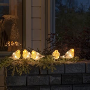 Sett av 5 fugler med varmhvite LED, 11cm.
