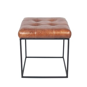 ARLO VINTAGE BROWN LEATHER AND IRON BUTTONED STOOL